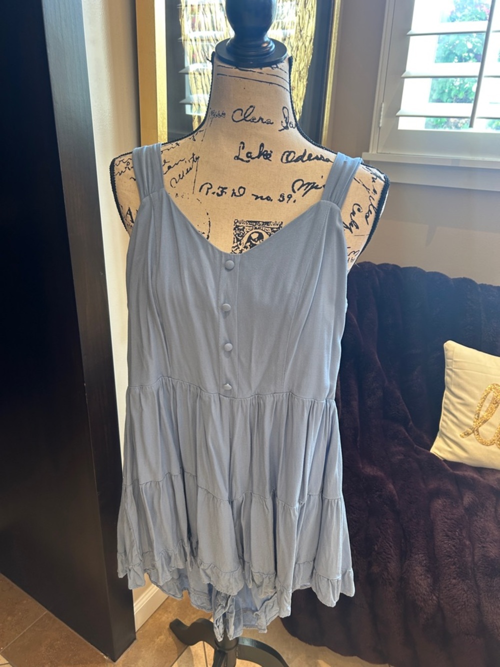 Light Blue Tiered Button-Front Sleeveless Romper